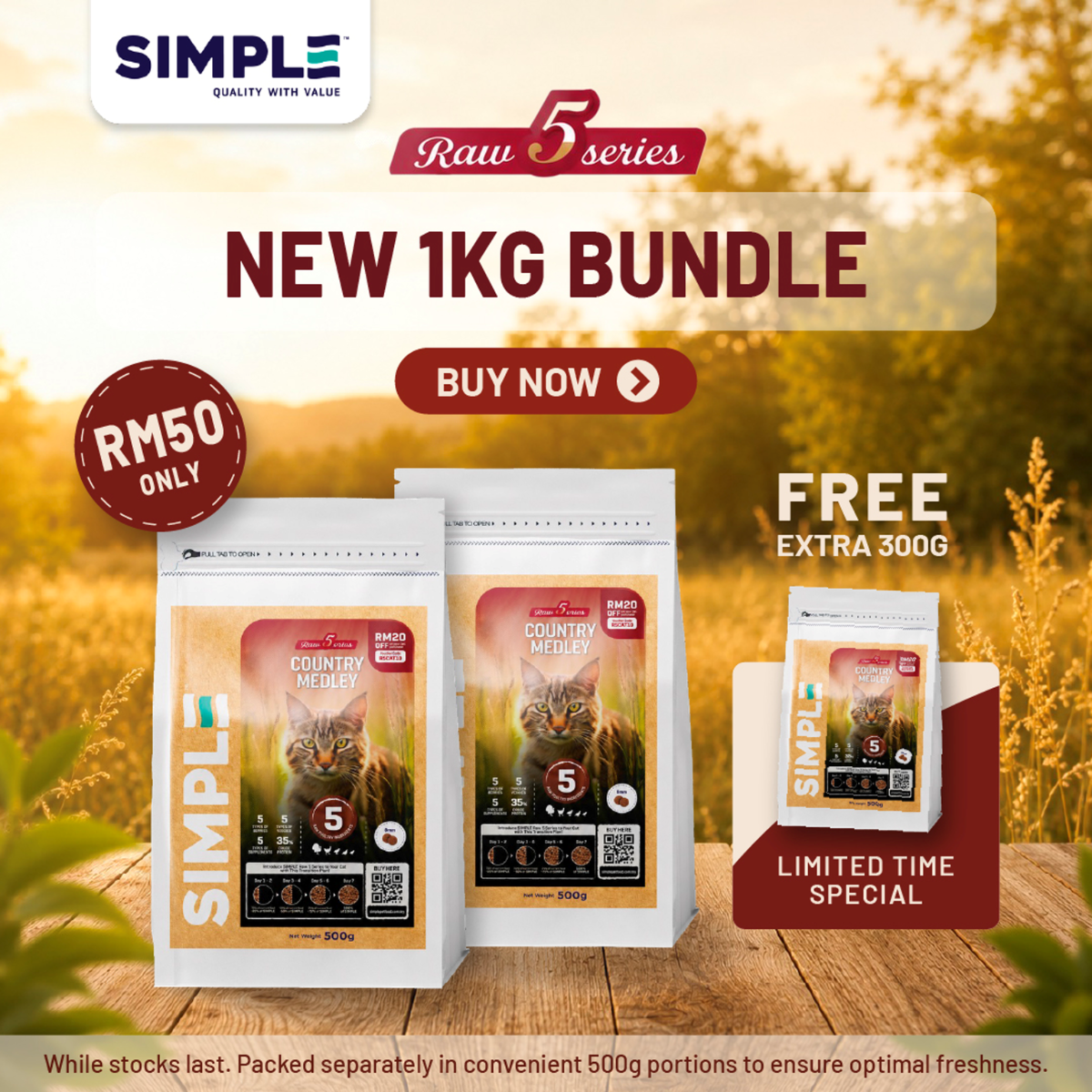 [Bundle] Raw 5 Series Country Medley Cat Food 1KG + 300G FREE